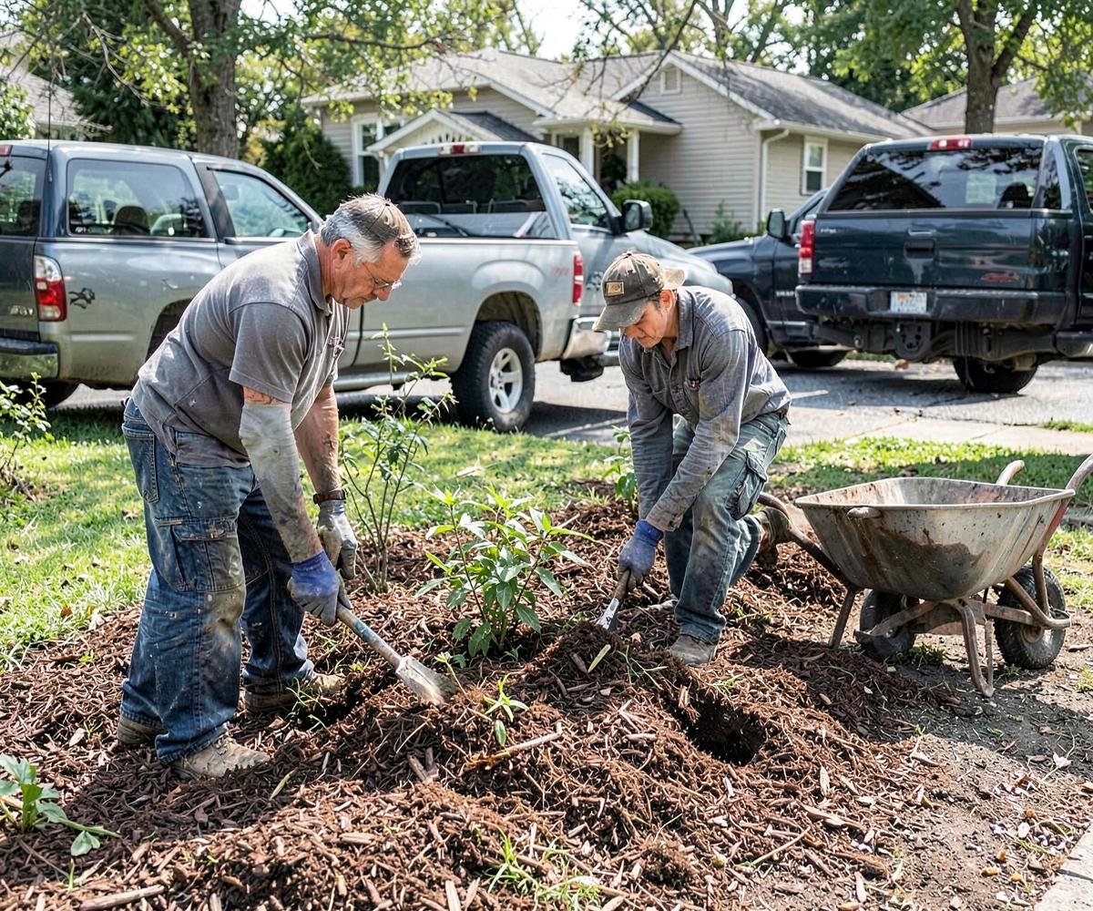 Landscaping crew installing plants and mulch at a residential property