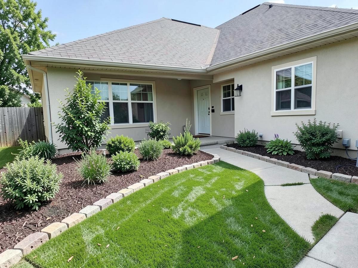 Same front yard after landscaping: new lawn and planted beds